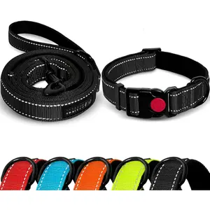 Double-Sided Reflective Dog Leash, 5 FT Padded Handle Nylon Dogs Leashes for Medium & Large Dogs Walking, Reinforced Reflective Buckle Dog Collar, Black, Large