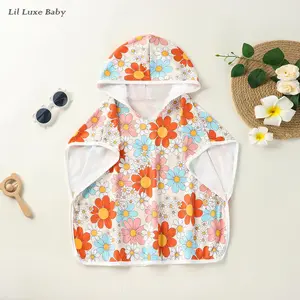 Toddler swimsuit cape/cover-up - quick-drying, absorbent hooded bath towel, suitable for beach and pool use, sun protection, floral and dinosaur print, unisex.