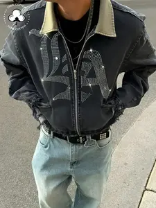 Dark Denim Bomber Jacket with Diamonds and 'la' Logo, Vintage Corduroy Collar and Frayed Design, Stylish Zippered Fit for Casual Outings
