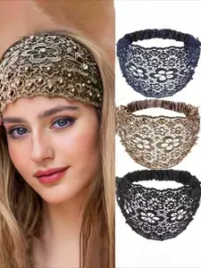 3-Pack Floral Lace Wide Headbands for Women, Vintage Boho Stretchy Hair Bands, Non-Slip for Yoga, Festival & Daily Wear, Workout Headband, Chic Headbands