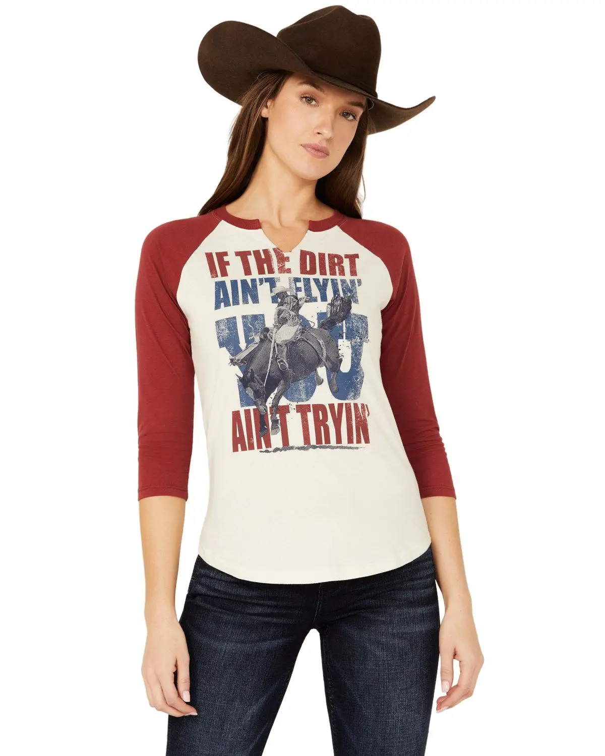 Shyanne Women's 3/4 Sleeve Split Neck Graphic Tee - Srsp24k50-Crm