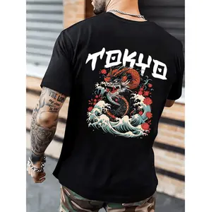 Stylish Plus Size Men's Summer Crew Neck T-Shirt With Tokyo And Wave Print Design For Casual Comfortable Wear