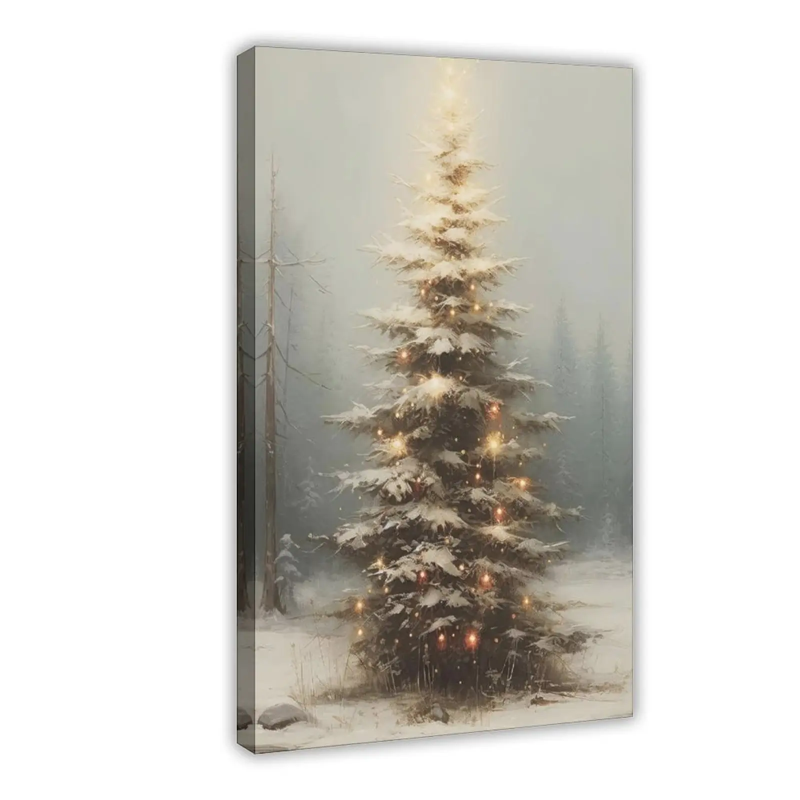Vintage Christmas Tree Canvas Wall Art, Christmas Tree Painting Poster, Moody Rustic Winter Picture Prints for Wall Decor