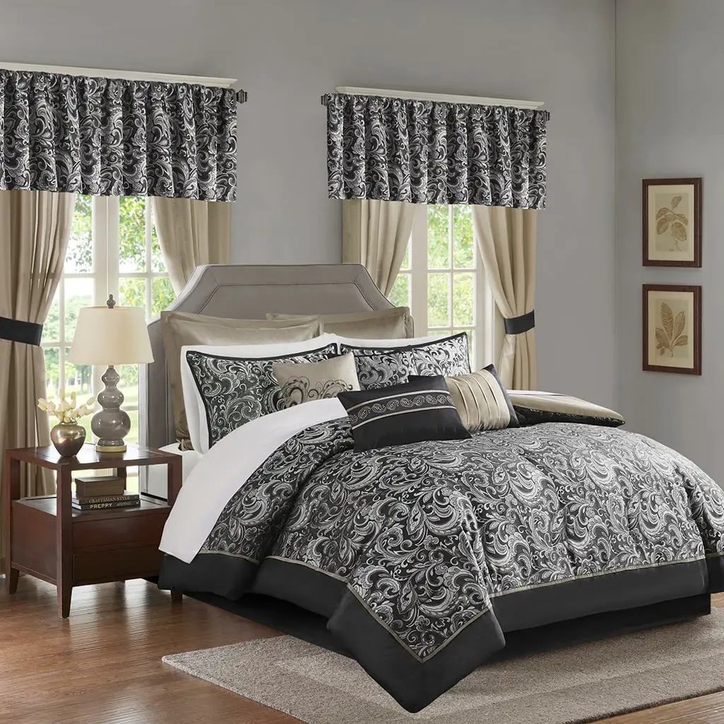 24-Piece Luxury Glam Bedding Set - King Size (104x92x1.5 in) 360-Stand Traditional Hypoallergenic Embroidered Jacquard Paisley Brystol Room in a Bag, Polyester Fill, Black, Machine Washable, Spot Cleanable, Printed Design, Bed Sets