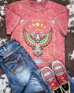 Women's Southwestern Eagle Graphic T-Shirt - Wine, Soft Flannel Fabric Shirts, Stylish Knot Accessories