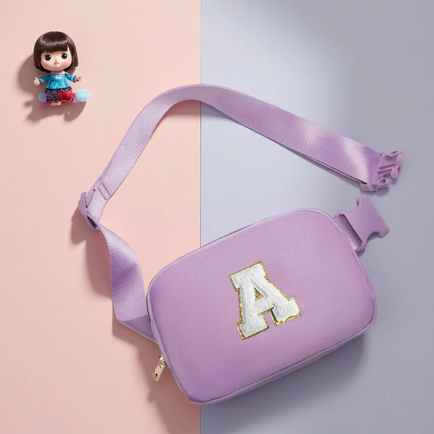 L-X02  Personalized Initial Fanny Pack for Girls Ages 8 to 13 a Cute Crossbody Belt Bag with Letter Patch the Perfect Trendy Travel Essential and Birthday Gift for Teen Girls in Lavender