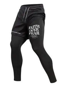 Men's Letter Printed Sporty 2 in 1 Compression Pants, Spring & Fall Gym Workout Fitness Running Tights Leggings, Workout Athletic Leggings with Phone Pocket, Zipper Pocket, Towel Loop, Sportswear