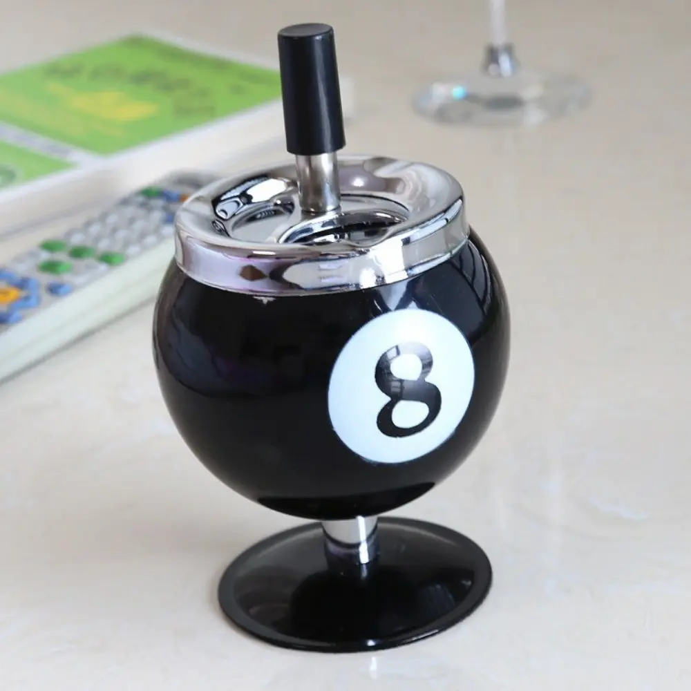 Glossy Black No. 8 Metal Pool Ashtray - Covered Cigarette Cup with Anti-Fly Ash Design, Decorative Home Decor Gift for Office & Room Use