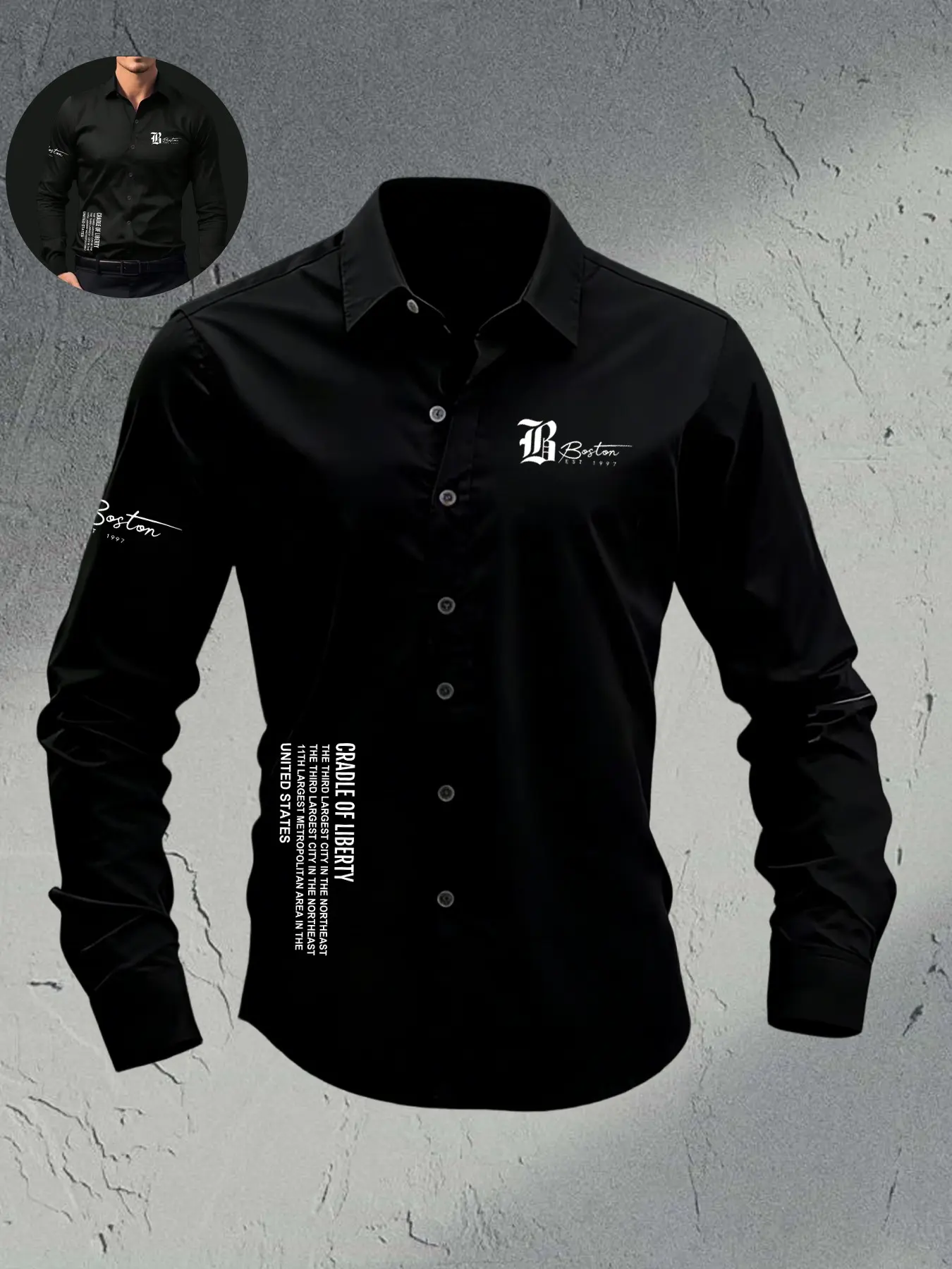 Men's Slim Fit 4-Way Stretch Black Button-Down Long Sleeve Collared Shirt | Premium Breathable Fabric | Boston Graphic Print | Wrinkle-Resistant Dress Shirt for Office, Date Night & Casual Streetwear | Menswear Tops | Graphic Printed Shirt