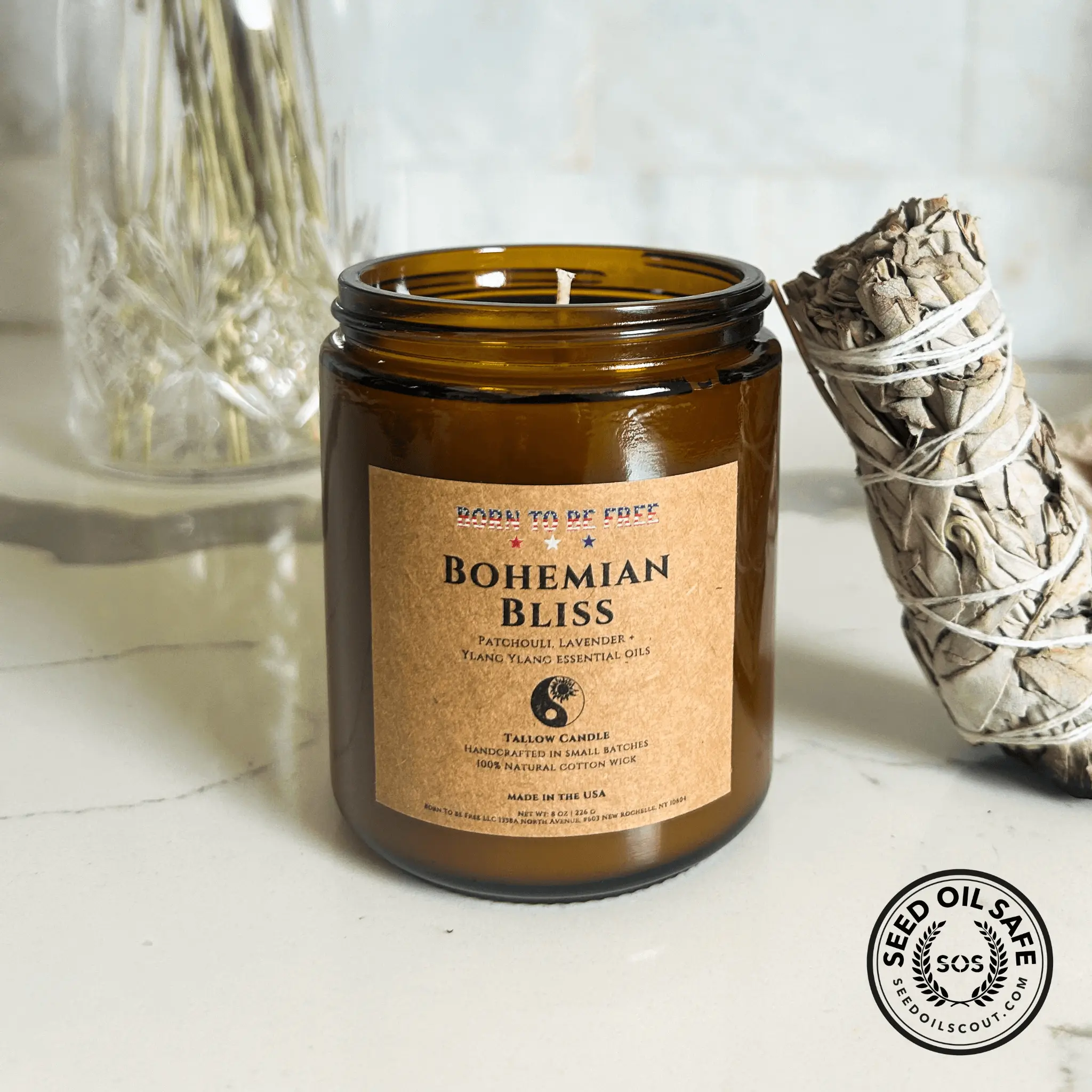 Bohemian Bliss Tallow Candle – Patchouli, Lavender & Ylang Ylang Aromatherapy | Non-Toxic Burn | 8oz Amber Glass