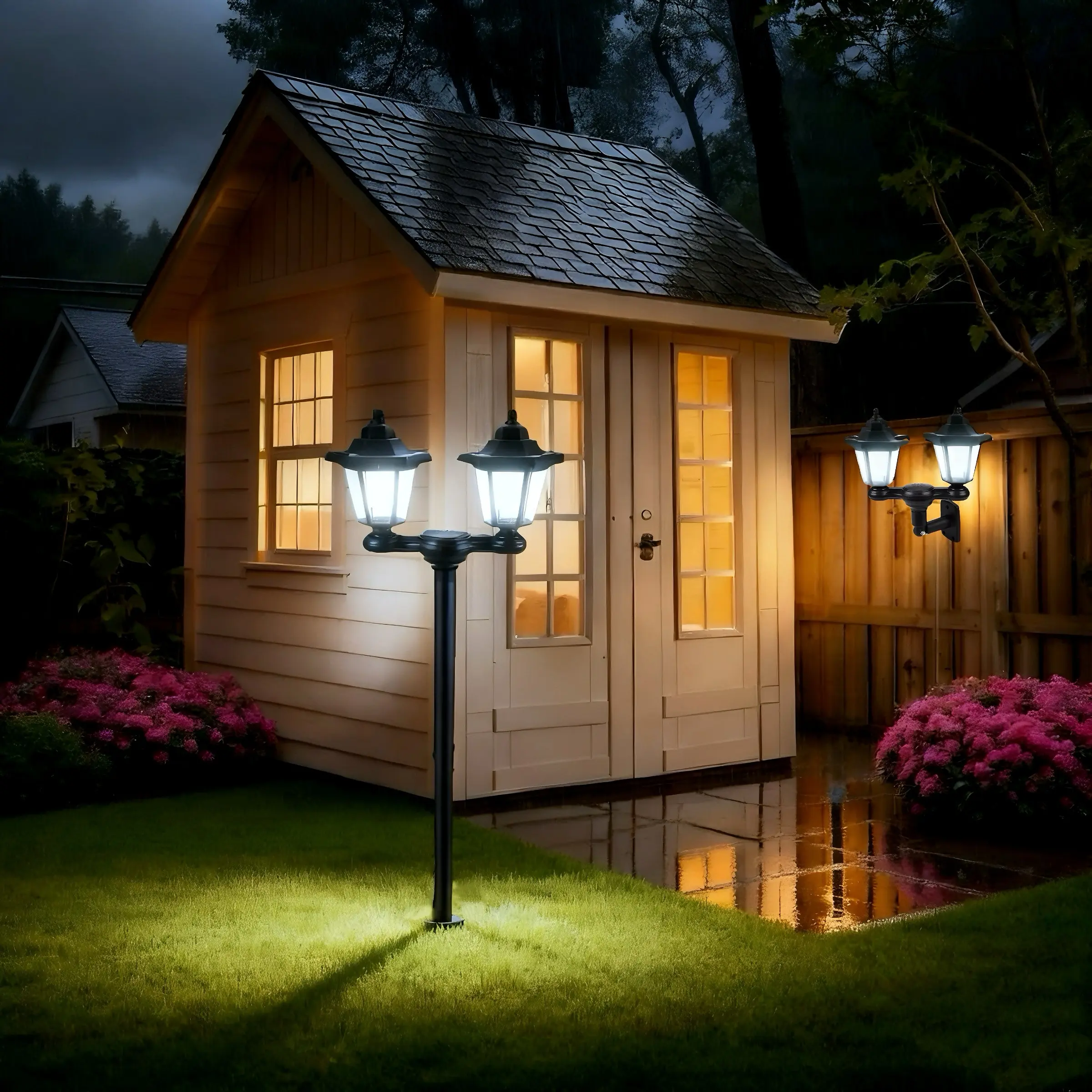 Outdoor solar pole light, Patio pole light, rain proof, wall mounted, ground plug-in, double headed hexagonal solar light, suitable for gardens, lawns, courtyards, decoration, with installation package, Outdoor Lighting, Solar Landscape Lights