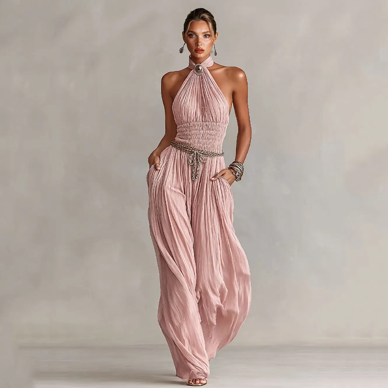LikeMyChoice Halter Ruched Smocked Wide Leg Jumpsuit Sleeveless Flowy Palazzo Jumpsuit With Pockets Women Vacation Outfit