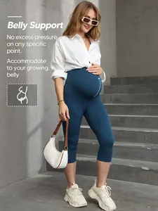 Blue Maternity 3/4 Belly Support Leggings, Maternity Clothing, Pregnancy Clothes, High Waist Stretchy Fabric for Comfort, Lightweight and Breathable for Daily Casual Wear
