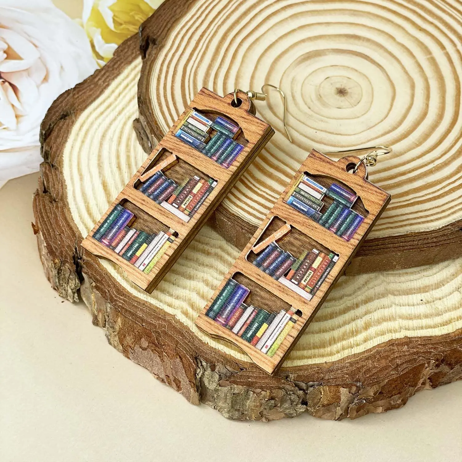 Wooden Book Earrings Teacher Earrings Librarian Book Lovers Gifts for Women Girls, Funky Unique Bookcase Book Shelf Science Earrings Jewelry, Handmade Book Club Readers Reading Gifts Presents