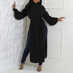 CHICME Cable Textured High Neck Lantern Sleeve Tied Detail Sweater/Tied Detail Textured Sweater Coat Casual Cinched Waist High Slit Knit Long Sweater Coat