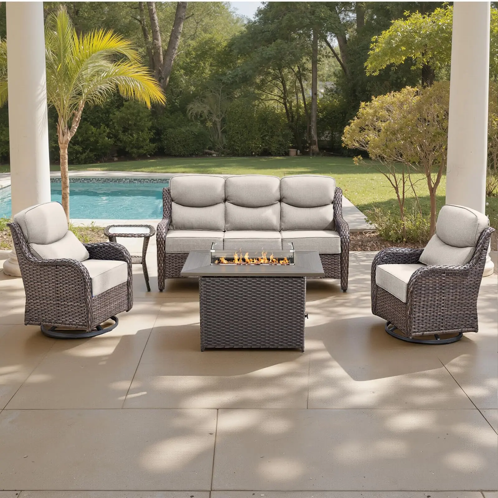 【3 Packages Shipping】Belord 5-Piece Wicker Patio Furniture Set with 50000 BTU Fire Pit Table & 360-Degree Swivel Glider Chairs, Deep Seating Outdoor Conversation Set, Outdoor Rattan Sectional Set, Outdoor Furniture, Outdoor Patio Wicker, NT Series