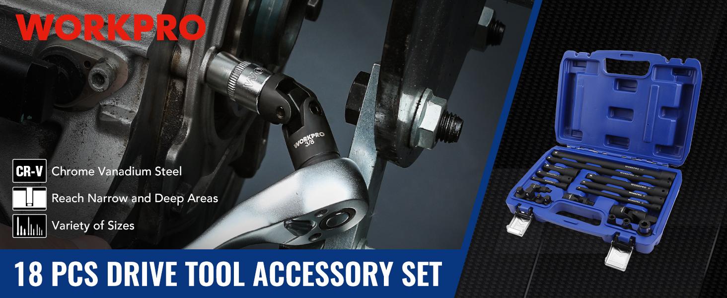 #SpringGlowUp WORKPRO 18-Pack Impact Socket Extension Set, Includes Socket Adapters, Ratchet Extension Set, Socket Extension Bar, Swivel Universal Joints and Impact Coupler, 1/4", 3/8" & 1/2" Drive #SpringGlowUp WORKPRO 18-Pack Impact Socket Extension Set, Includes Socket Adapters, Ratchet Extension Set, Socket Extension Bar, Swivel Universal Joints and Impact Coupler, 1/4", 3/8" & 1/2" Drive