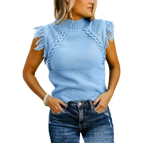 Saodimallsu Women's High Neck Cable Knit Sleeveless Fringe Pullover Tank Top - Boho Trendy Chic Knitwear for Spring, Back to School Shopping - Fitted Womenswear