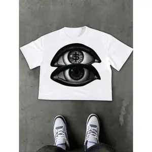 Men's Eye Print Round Neck Crop Tee, Regular Fit Casual Short Sleeve Crew Neck T-Shirt for Daily Wear, Fashion Men's Top for Summer, Tropical