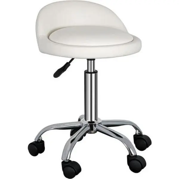 Commercial Salon Swivel Rolling Stool with Wheels - Height-Adjust Gas Lift Chair, PU Leather Cushioned Seat, Soft Padded Backrest, 18"-Diameter Base, 300lbs Max Capacity, Assembly Required, for Stylists in Reiki Studios, Comfy Chair