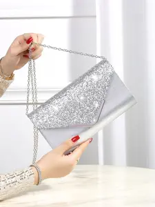 Women's Elegant Glitter Evening Bag, Exquisite Trendy Chain Strap Bling Embellished Glittery Clutch Bag, Fashionable Bag for Party Decoration, Trendy Minimalist Purse, Elegant Stylish Purse