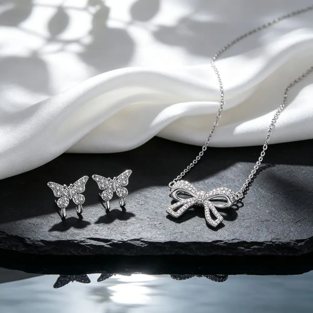 EJG Jewelry Set for Women - Elegant Silver Bow Necklace and Butterfly Earrings with Sparkling Zirconia, Hypoallergenic Coquette Style for Daily Wear, Bow With Sparkling Zirconia, Cubic Zirconia