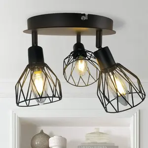 3-Light Industrial Semi-Flush Mount Ceiling Light, Multi Directional Iron Cage Pendant Lighting for Farmhouse, Island, Dining Room, Hallway, Bedroom