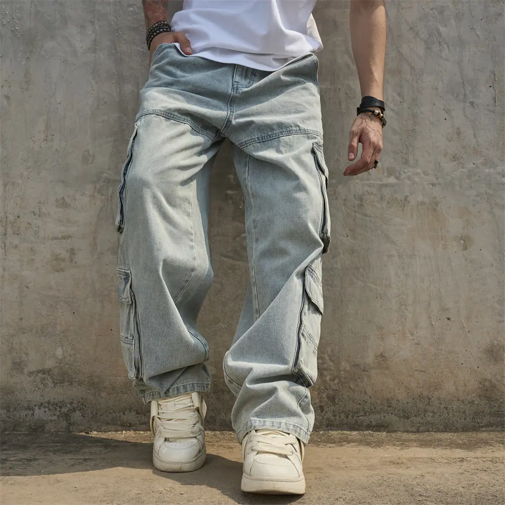 New Men Baggy Carpenter Jeans Streetwear Loose Multiple pockets Cargo Trousers Male Stylish Solid color Straight Denim Pants Menswear