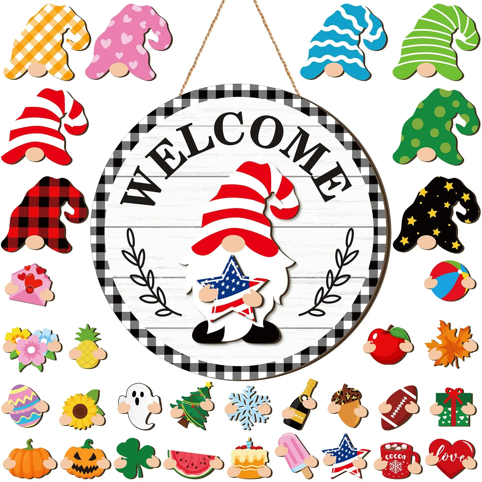 Vivid Style DIY Interchangeable Magnetic Wooden Gnome Welcome Sign - Hand-Made Customizable Door Hanger with 32PCS Mix-Match Decorations Accessories, Home Holiday Festive Party Decoration, Festive Decoration