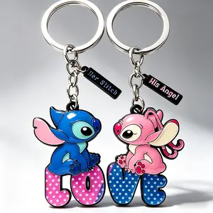 Disney Stitch Couple Love Patchwork Keychain Blue & Pink Characters with "Love" Design Perfect for Couples Ideal Gift for Everyday Use
