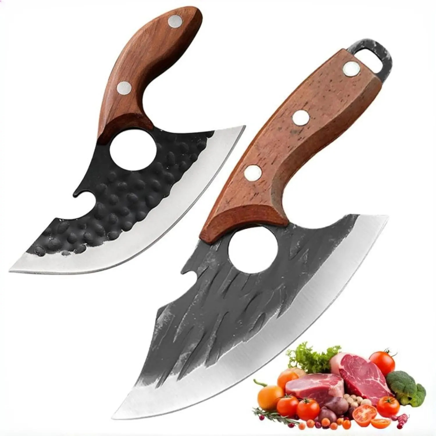2PCS Ulu Knife with Sheath Set, Viking Boning Knife for Meat Cutting, Caveman Ultimo Knifes Hand Forged Full Tang Knives, BBQ Knives for Vegetables, Fruit, Pizza, Gift for Men and Women