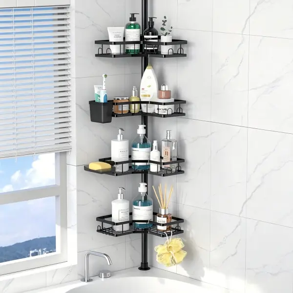 Black 4-Tier Tension Pole Bathtub Corner Shower Caddy, 43.5-120 in Adjustable Floor-To-Ceiling Toolless Set, Rustproof Waterproof No-Drill Metal Frame with Drainage, Cubby Shelf, Soap Dish, Hooks for Loofah & Razor for Bathroom, Laundry Room, Kitchen
