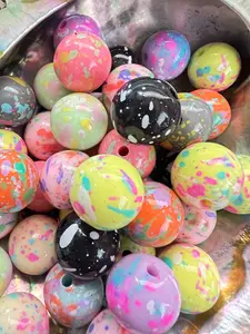 B85- (10PCS)15mm Round Bright Multi-Color W/Rainbow Paint Splatters Acrylic Beads for DIY