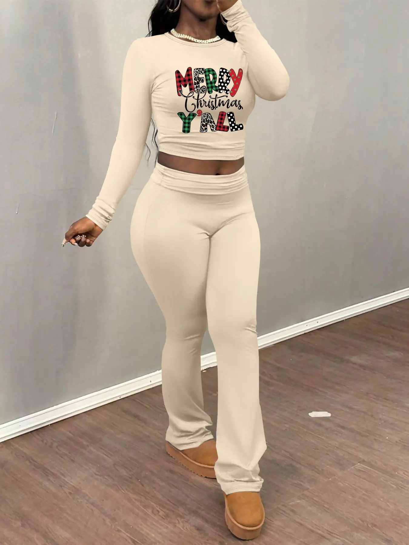 Christmas pattern printing Women's Letter Print Crop Top Set, Casual Knit Fall & Winter, Tight-Fitting Long Sleeve Shirt + Flare Pants, Home Wear