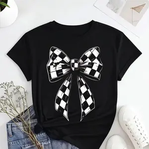 Women's 100% Cotton Round Neck T-Shirt - Black Casual Short Sleeve Tee with White Checkered Bow Print, Machine Washable Spring Summer Fall Top for Mother's Day, Memorial Day, Juneteenth.....