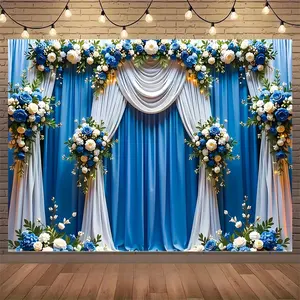 Blue and White Floral Wedding Backdrop – Elegant Curtain and Flower Wall Hanging for Ceremony or Reception De