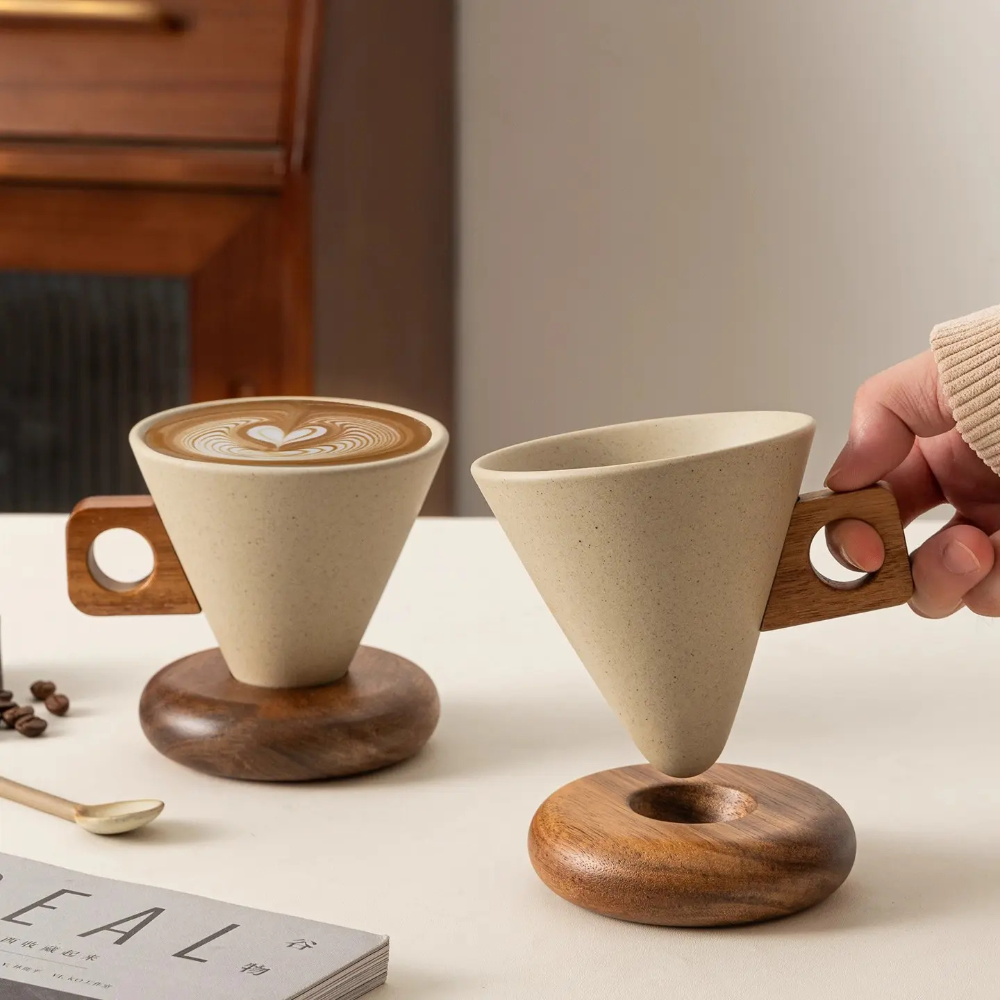 250ml Vintage Curve Textured Ceramic Beverage Cup - Wooden Handle Mug for Coffee Drink, Tea, Cozy Aesthetic Biodegradable Home Decor Supply, Decorative Pottery Collectible, Cappuccino Mugs
