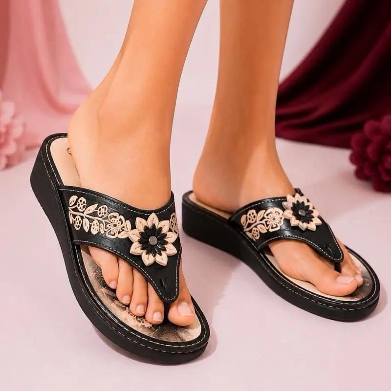 Huarache Mexicano - Mexican Leather Huaraches Handmade Flatform Women's Shoes with sunflower & Sunflower Pattern Closed Toe Comfortable Dayli use - chancla oscura ancha girasol - chancla oscura flor blanca