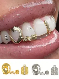 2Pcs Women's Grills for Teeth, Hollow Heart & Rose Design, Copper Material Micro Inlaid Zirconia Craftsmanship, Perfect for Festivals & Parties