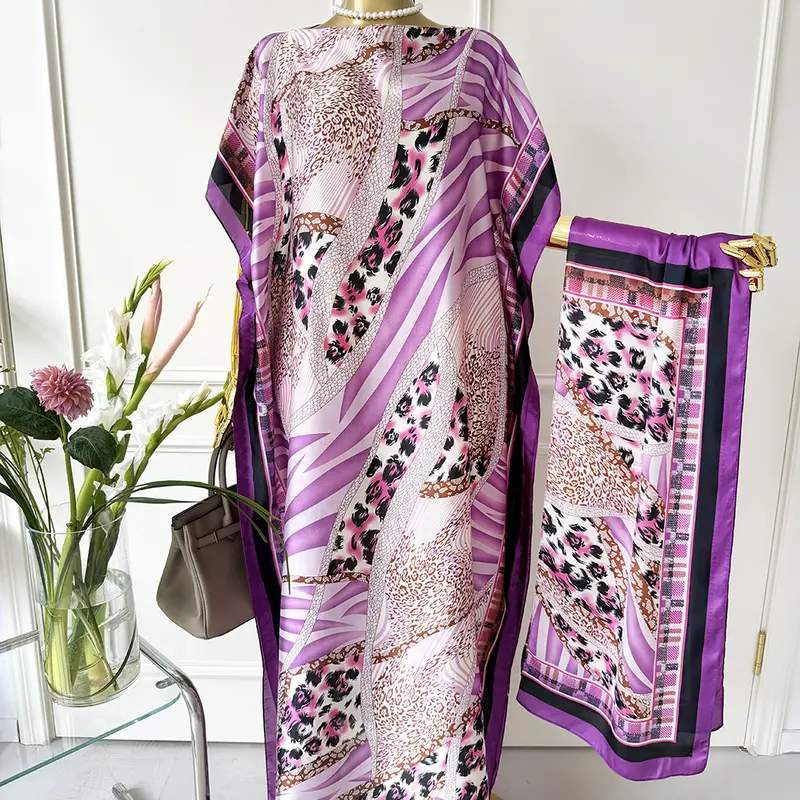 Women's Bohemian 2-Piece Leopard Print Satin Kimono & Matching Scarf Set - Long Sleeve, Lightweight Flowing Open Front Shawl, All-Body Flattering Silhouette, Birthday/Business Beachwear Swimsuit Cover-Up