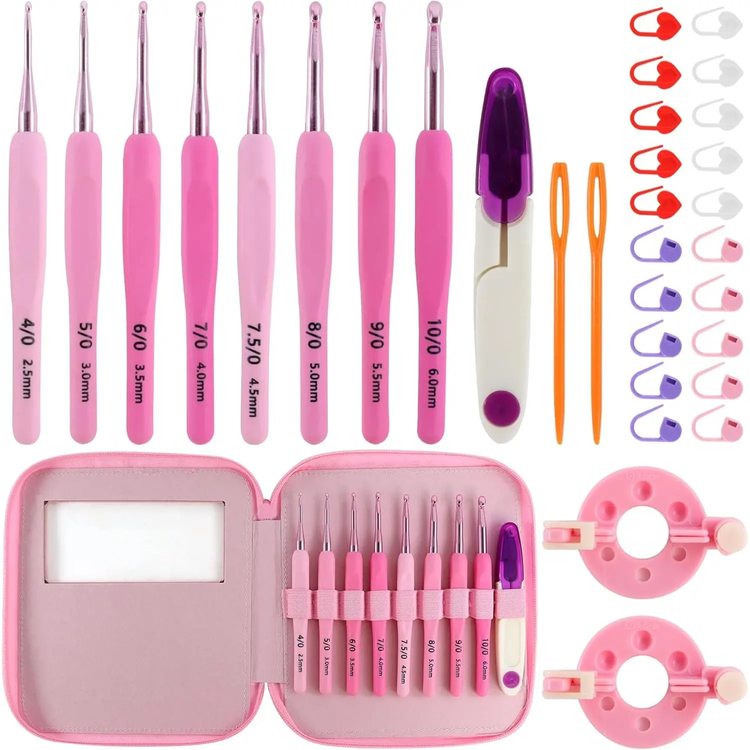 Crochet Hooks Set 34 Count 8 Sizes 2.5-6 mm High-Quality  Gradient  Soft Handle with Case & Crochet Kit for Beginners Adults