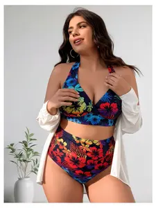 Plus Size Bikini Set - Floral Print V Neck Bathing Suit - Ruffle Top High Waisted Bottoms - Tummy Control Swimsuit for Women - Colorful Beachwear