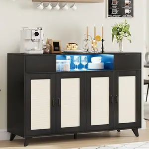 Rattan Sideboard Buffet Cabinet, 4 Doors 2 Drawers Accent Storage Cabinet, Console Table Coffee Bar With Power Outlet, Adjustable Shelves for Kitchen, Dining Room, Hallway, Living Room