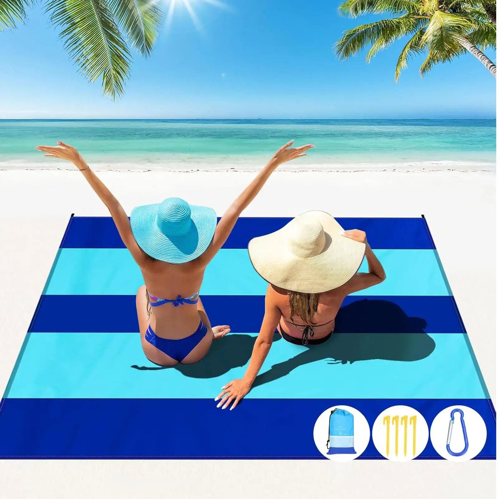 Beach Blanket Sandproof Waterproof, Foldable Large Beach Mat, Compact Sand Free Mat Quick Drying, Lightweight & Durable with 4 Corner Anchors for Camping , Travel & Hiking