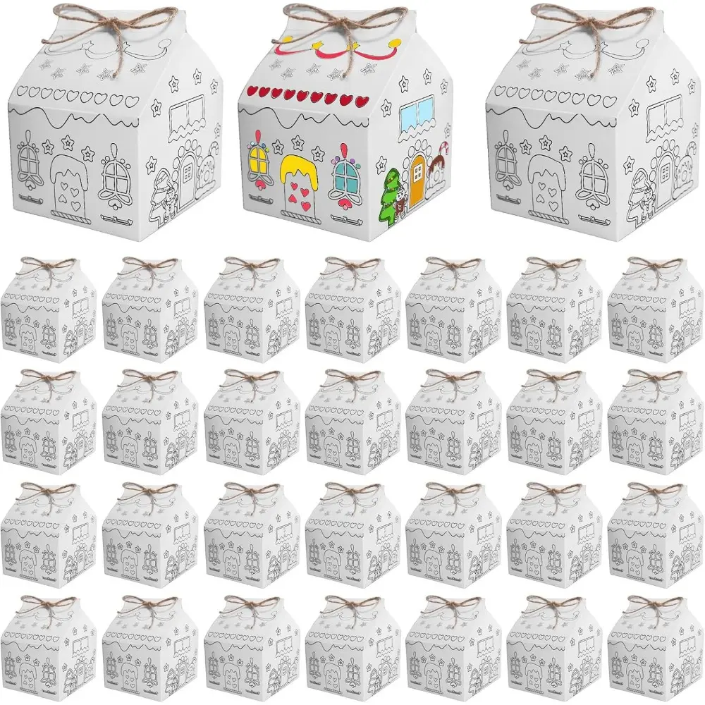 SENONAPO 30 Pcs Christmas Gingerbread Houses Kit House Shaped Boxes Cardboard Christmas Crafts DIY Build Gingerbread House Supplies Holiday Fun Party Game Decorating(White) Decoration Ornaments