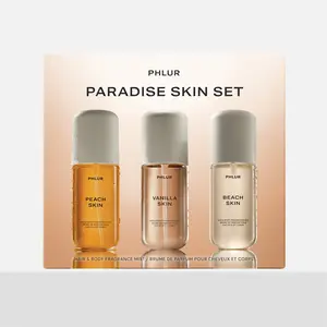PHLUR Paradise Skin Set - Beach Skin, Peach Skin & Vanilla Skin Kitted Travel Size Body Mist Set (3 x 3 Fl Oz)