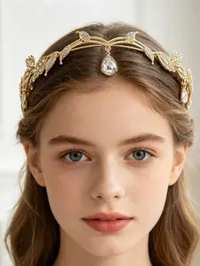 Vintage Creative Alloy Rhinestone Leaf Water Drop Pendant Headpiece Crown, Adjustable Bridal Party Accessory, Holiday Gift