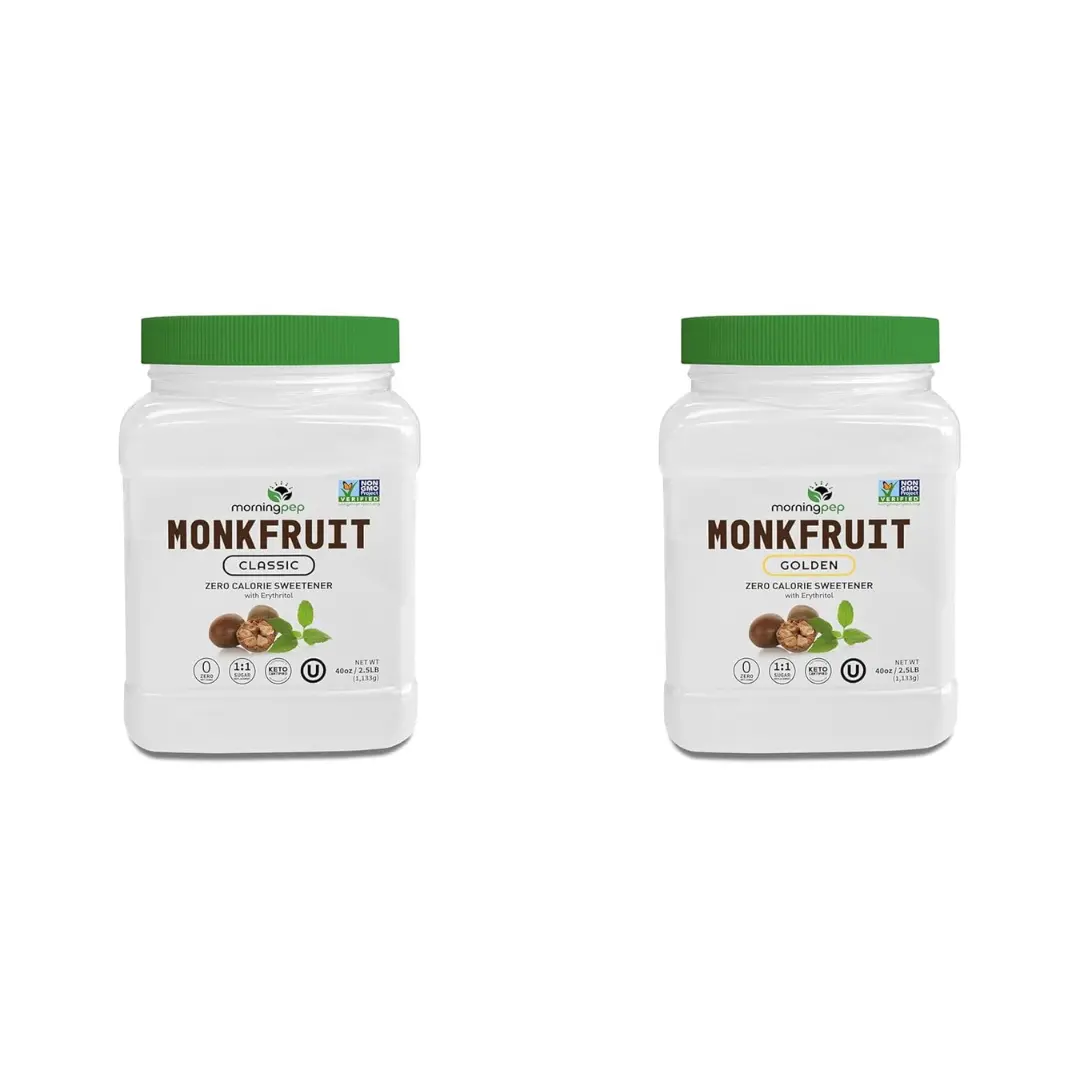 Morning Pep Monk Fruit Sweetener, Classic | White Sugar Substitute 2.5 lb and Morning Pep Monk Fruit Sweetener, golden Sugar Substitute, 2.5 lb