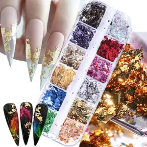12 Holographic Nail Glitter Foils – Sparkly Ultra-Thin Aluminum Nail Art Flakes, Laser Sequins for Acrylic & Gel Manicure, DIY 3D Nail Art Decorations, Gift for Women & Girls