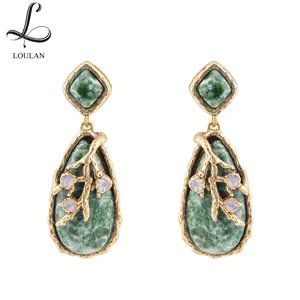 Natural jadeite Hand-painted enamel S925 silver needle Copper plated with real gold for a vintage look